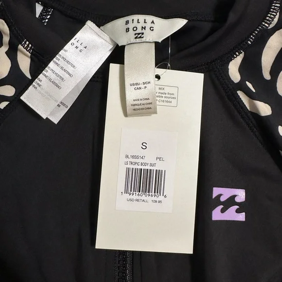 Billabong Black One-Piece Swimsuit with Patterned Long Sleeves - Picture 5 of 6